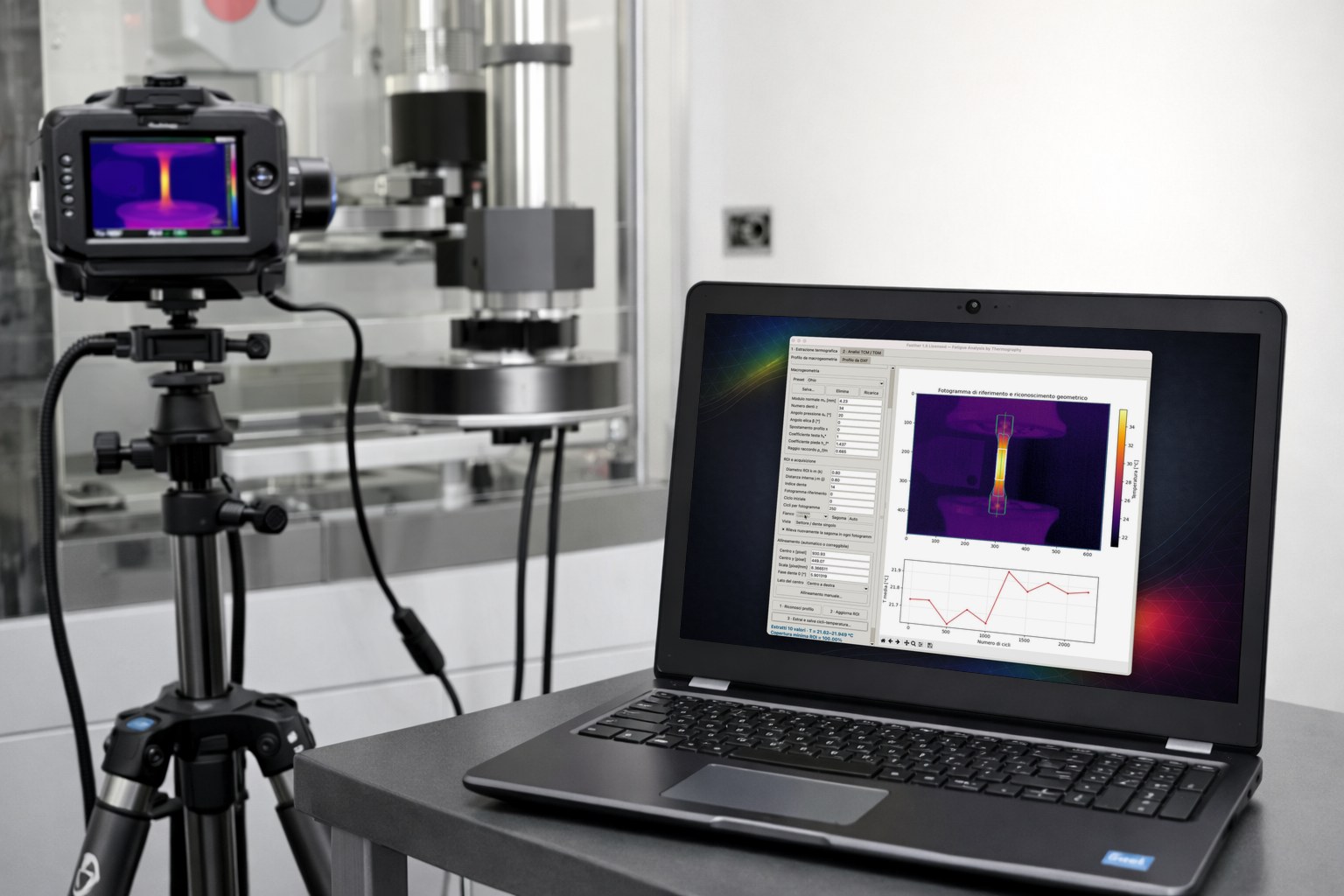 Wärmebildkamera neben einer Prüfmaschine und Laptop mit der Fasther-Software, die das Wärmebild einer Probe auswertet